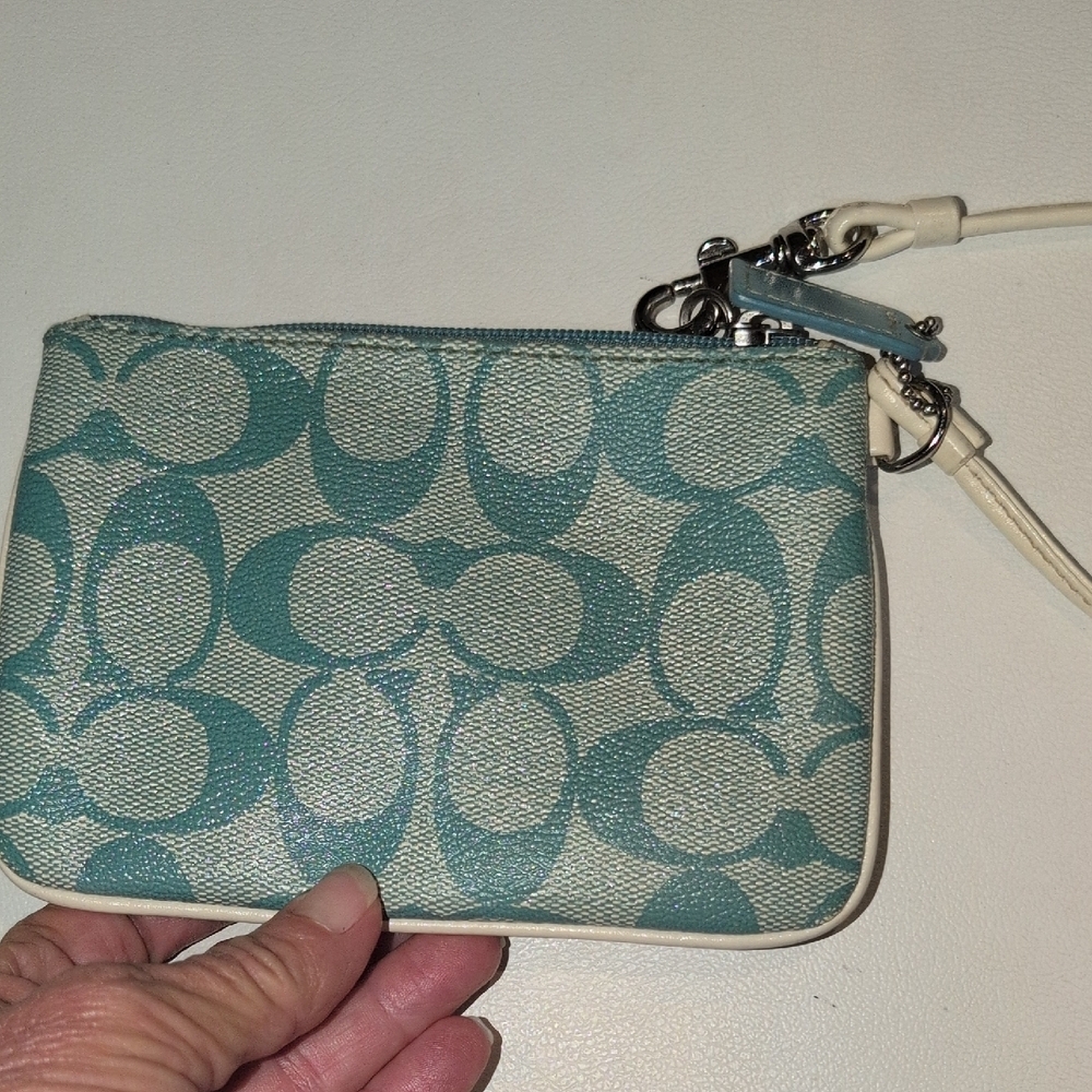 Coach Teal and Cream Signature Wristlet - Picture 5 of 8